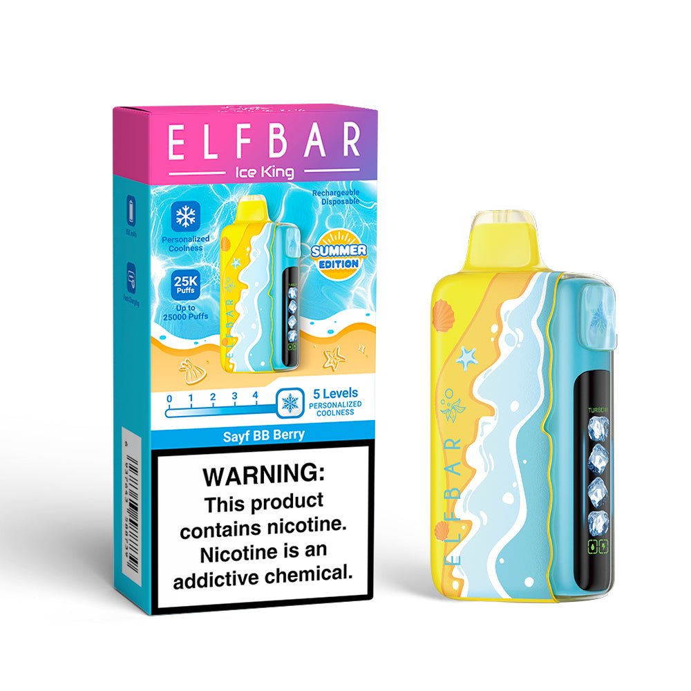 Elf Bar Ice King RD 25000 BB Berry 5% disposable vape device with colorful design and flavor branding visible.