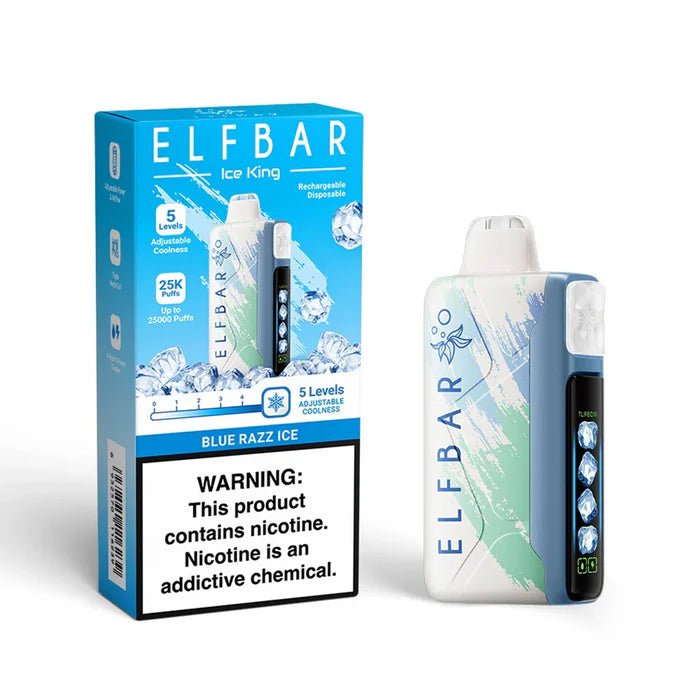 Elfbar Ice King RD 25000 vape device in blue razz ice flavor with 5% nicotine, showing the sleek blue design and branding.
