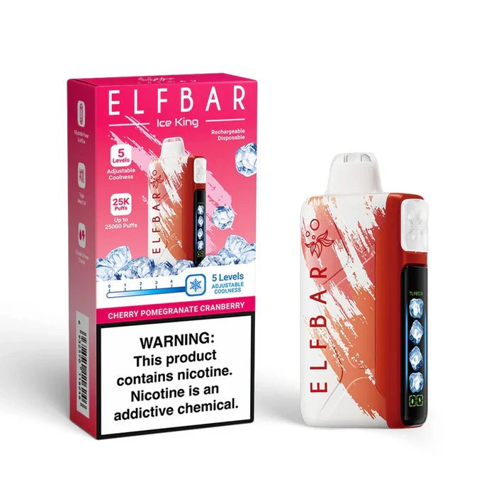 Elf Bar Ice King RD 25000 disposable vape with cherry, pomegranate, and cranberry flavor, 5% nicotine.