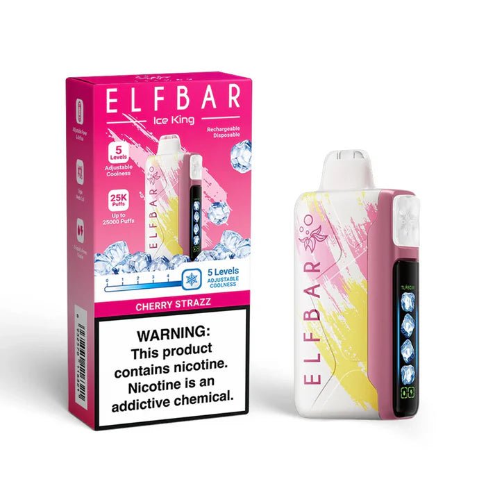 Elf Bar Ice King RD 25000 Cherry Strazz disposable vape device with cherry and strawberry flavor.