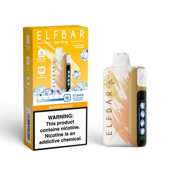 Elf Bar Ice King RD 25000 Mango Magic disposable vape, featuring vibrant mango flavor and sleek design.