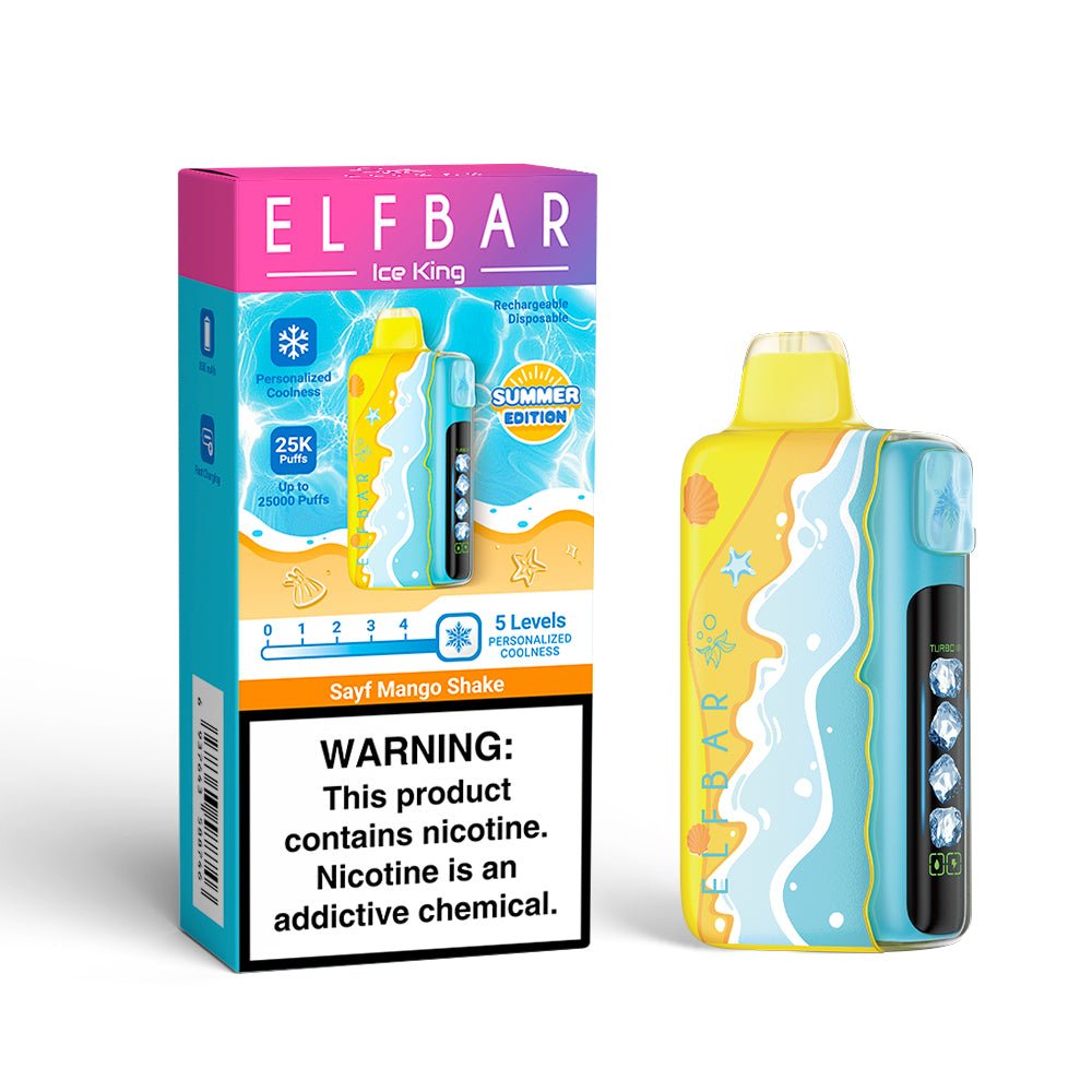 Elf Bar Ice King RD 25000 Mango Shake 5% disposable vape device with colorful design and flavor branding.