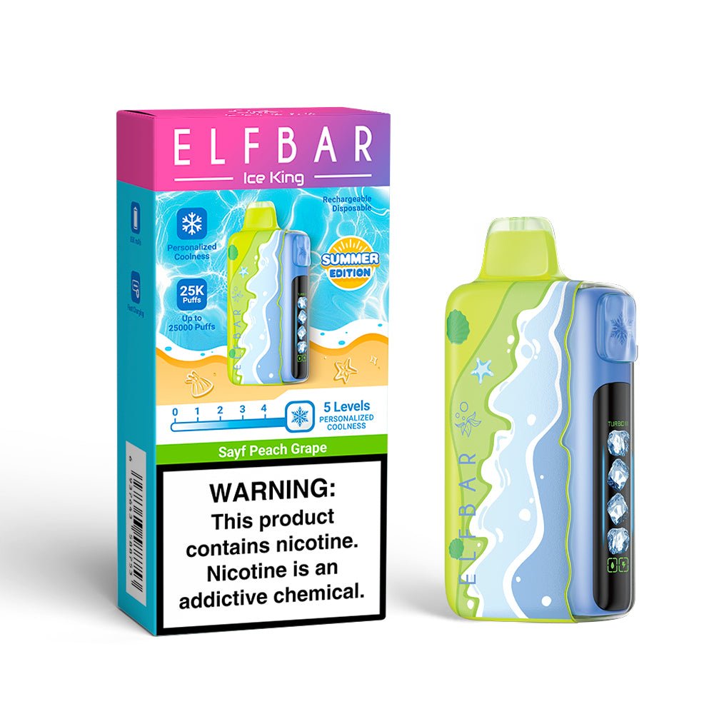 Elf Bar Ice King RD 25000 e-cigarette with Peach Grape flavor and 5% nicotine, shown with colorful packaging and sleek design.
