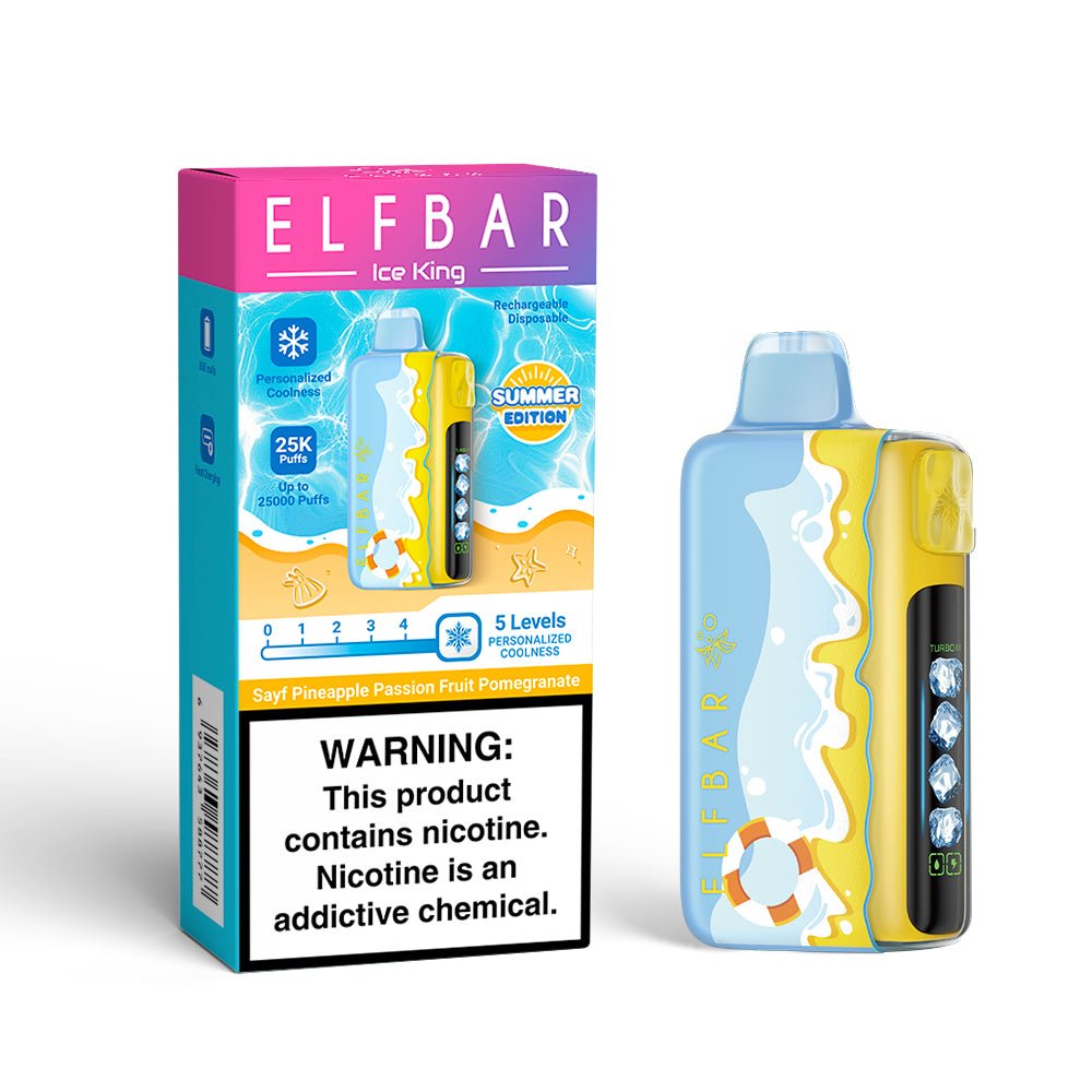 Elf Bar Ice King RD 25000 vape with Pine Passion Pomegranate flavor, showing the sleek device and vibrant packaging.