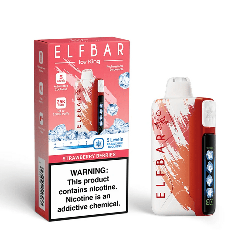 Elf Bar Ice King RD 25000 disposable vape with Strawberry Berries flavor and 5% nicotine, featuring a sleek design and vibrant packaging.