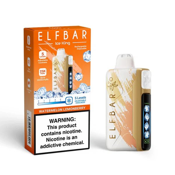 Elf Bar Ice King RD 25000 disposable vape with Watermelon Lemonberry flavor and 5% nicotine, featuring a colorful design.