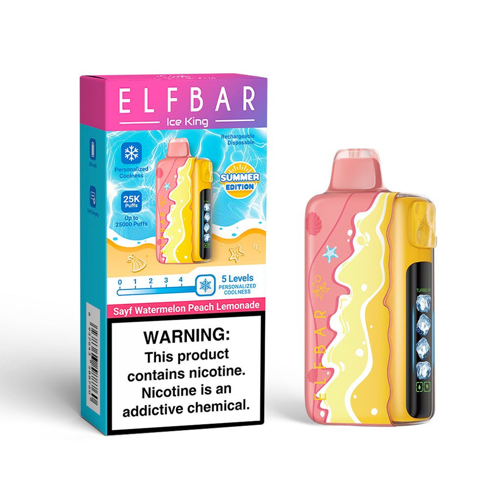 Elf Bar Ice King RD 25000 vape with watermelon, peach, and lemonade flavor, showing the colorful packaging and flavor details.