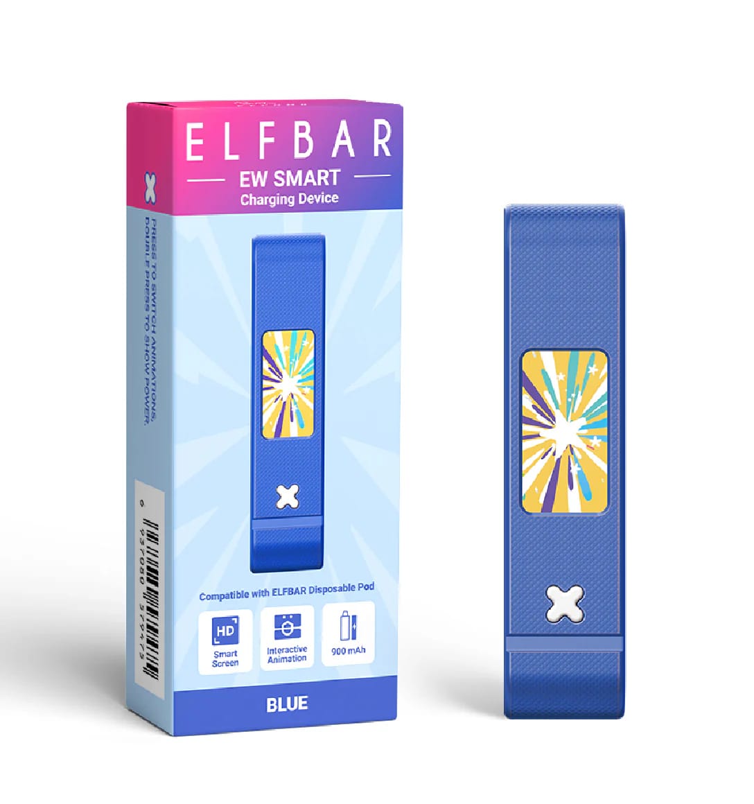 Blue Elf Bar Smart Battery Charger for EW9000 and EW18000 vape devices, compact with digital display and charging ports.