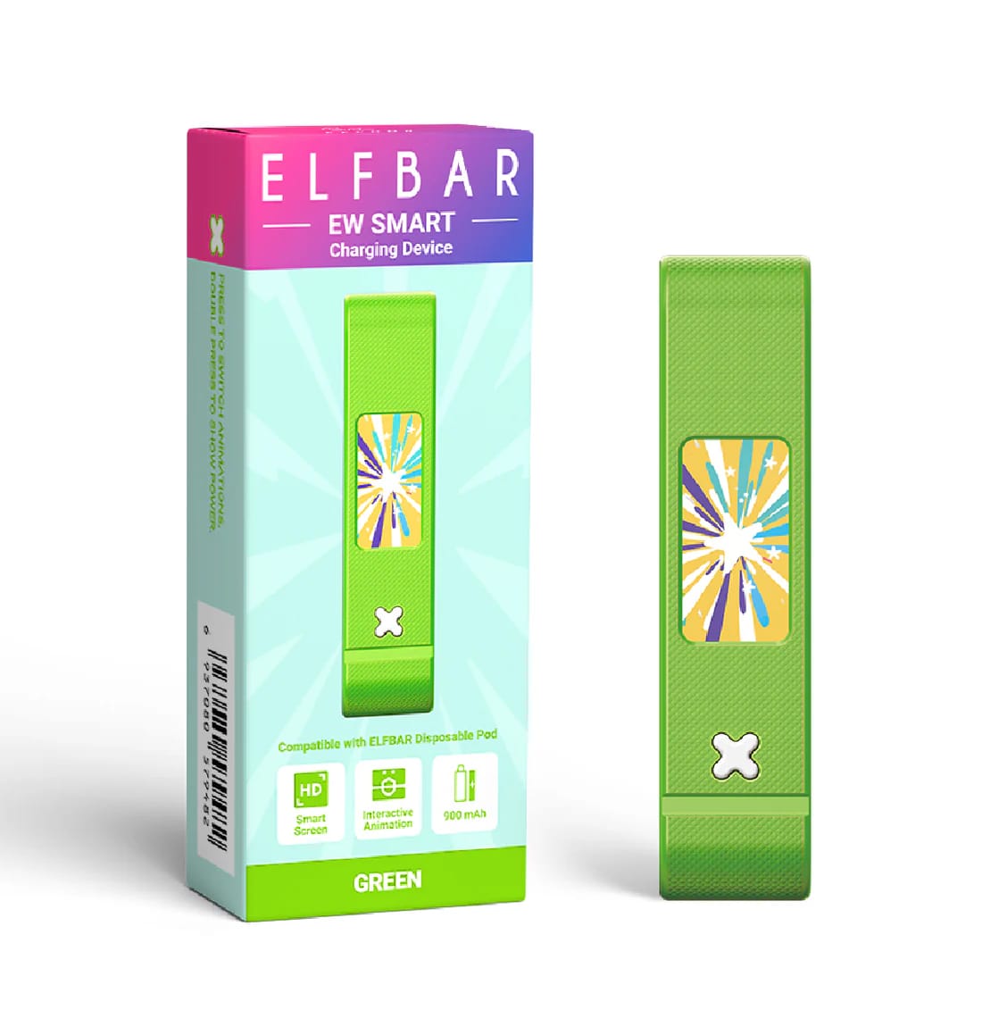 Elf Bar Smart Battery and Charger in green, compact device with charging port and indicator lights for vape device power management.