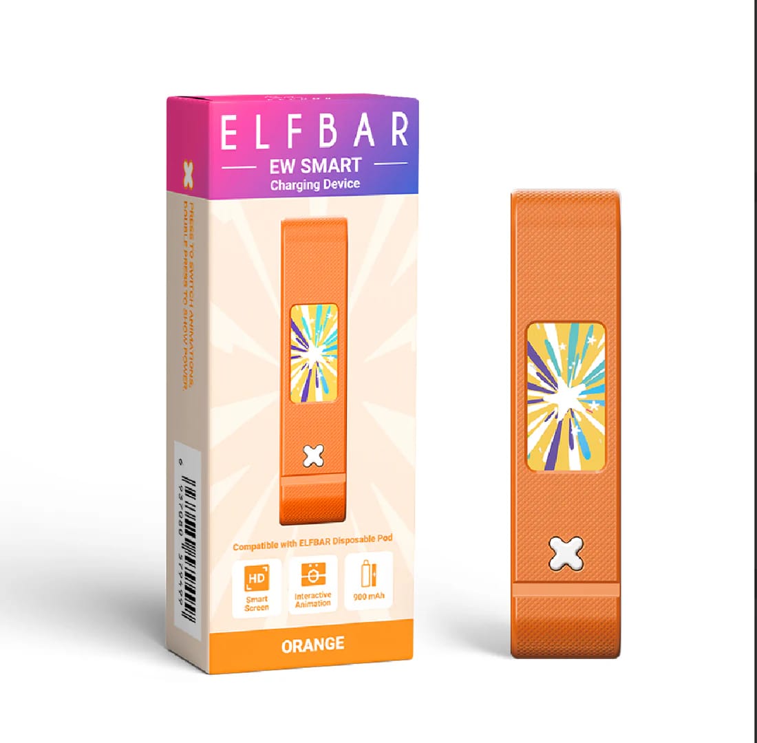 Orange Elf Bar smart battery and charger with digital display and compact design for easy charging of Elf Bar devices.