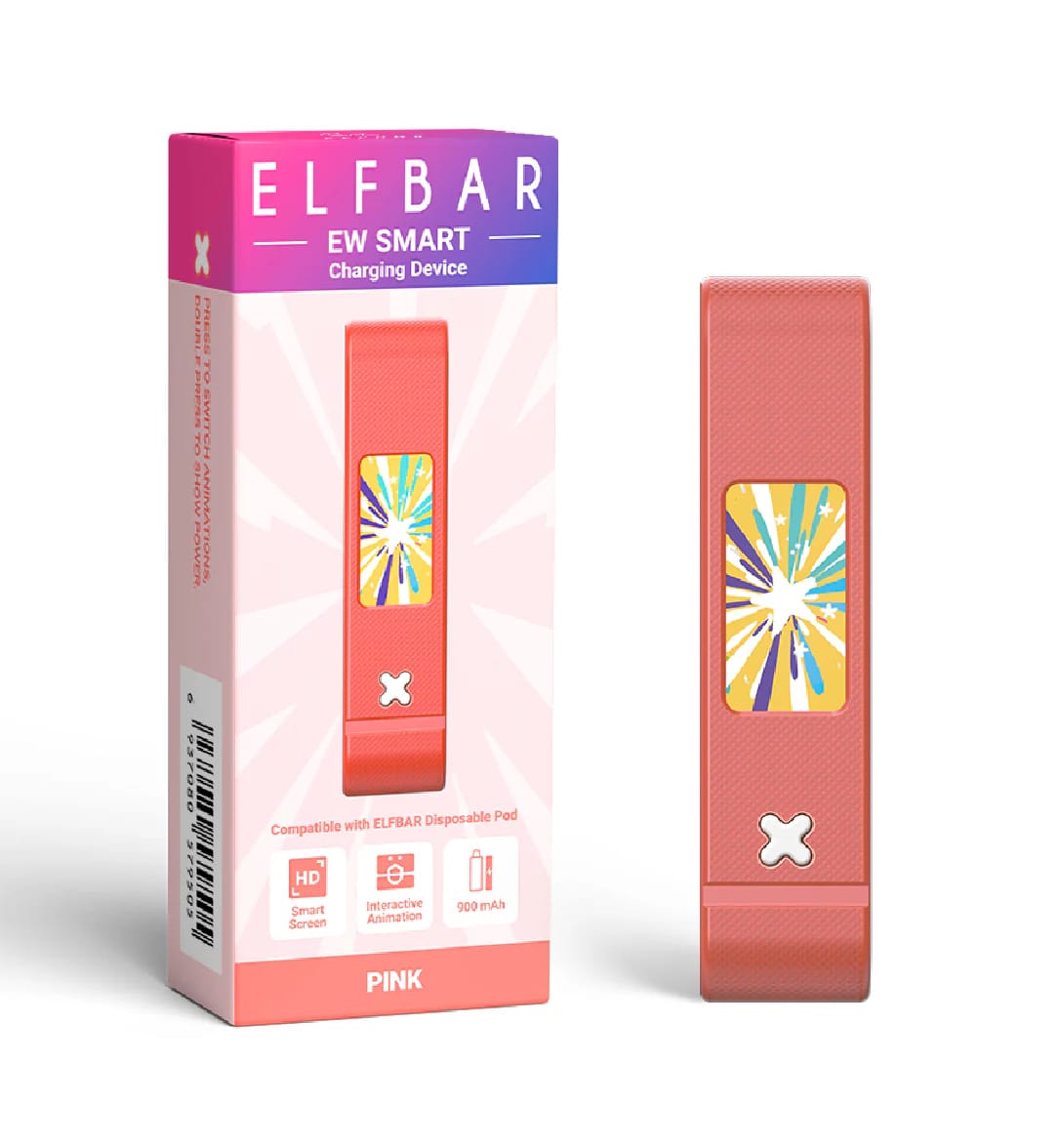Pink Elf Bar Smart Battery and Charger featuring compact design and digital display for efficient battery management.
