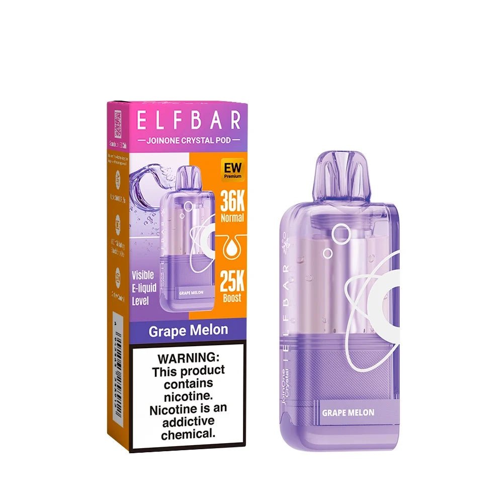 Elfbar Ew36 000 premium replacement pod in Grape Melon flavor, designed for Elfbar vaping devices, featuring vibrant grape and melon visuals.
