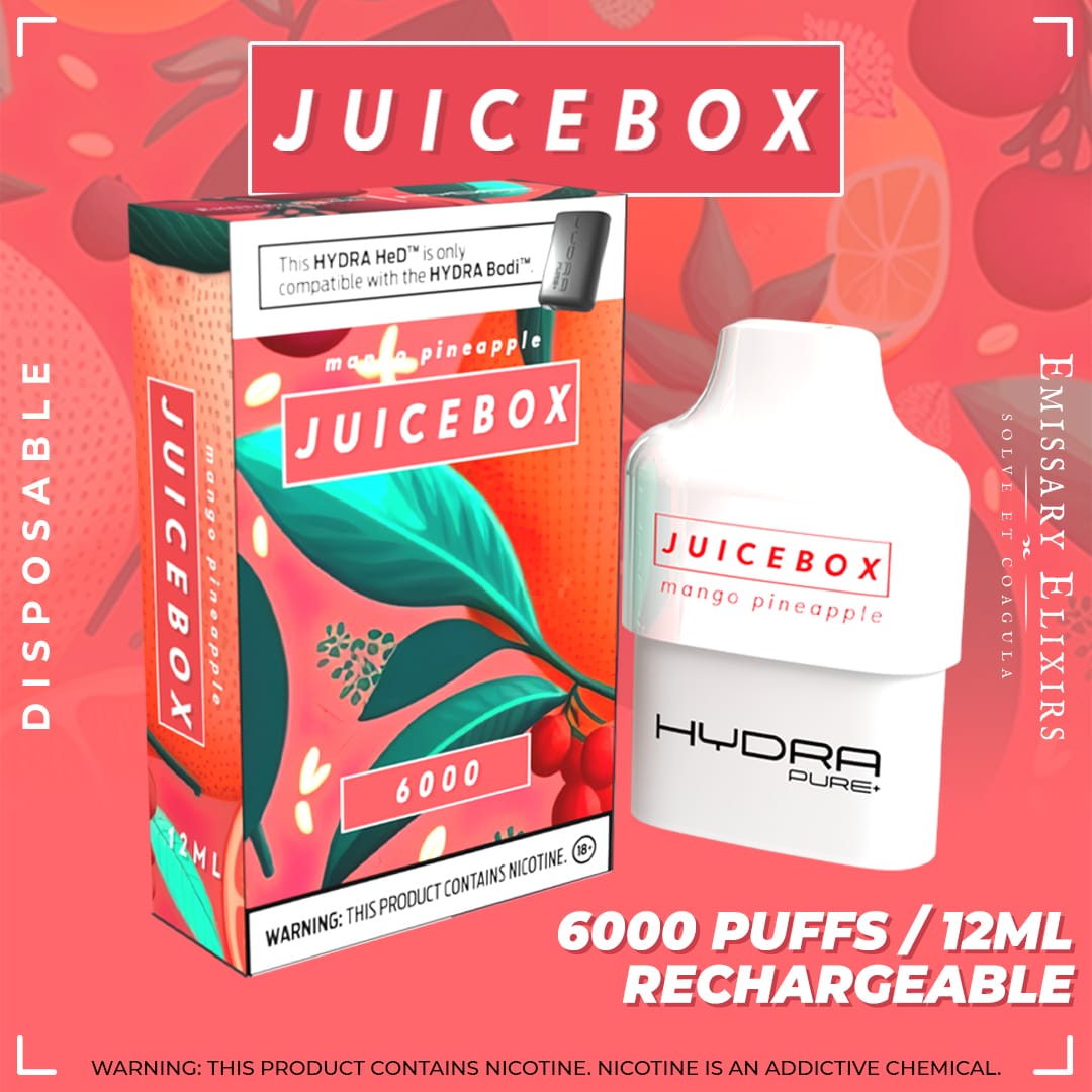 Emissary Elixirs Hydra Juice Box flavor pod from Flavour World SA, with battery sold separately. Bright, colorful packaging.