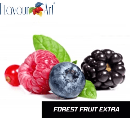 Bottle of Flavour World SA Forest Fruit Extra flavoring showing the label with berries and fruit images.