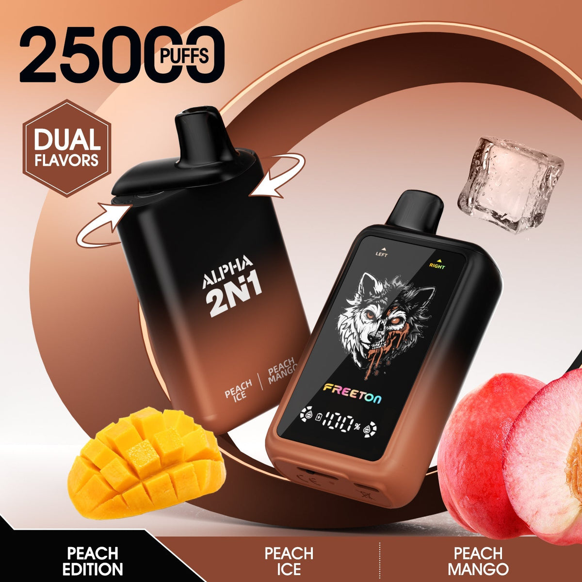 Freeton X Vapology Alpha 2in1 25k vape device with Peach Ice and Peach Mango flavors, featuring vibrant fruit-themed design.