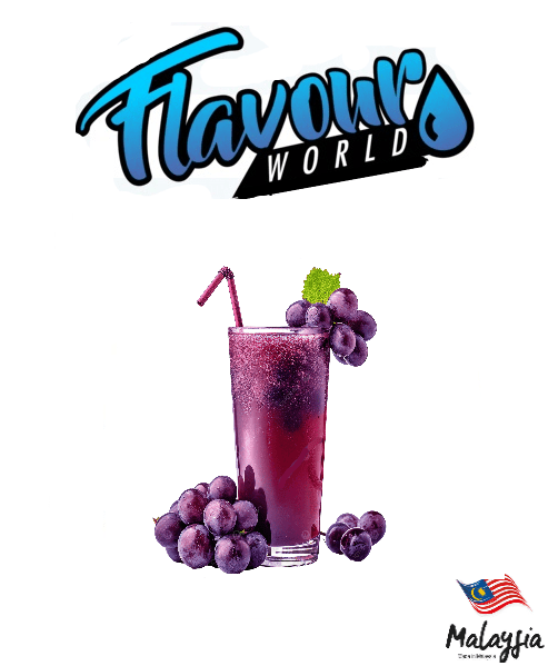 FSA/CBE Malaysian Grape Juice bottle from Flavour World SA, vibrant purple liquid in a clear glass container.