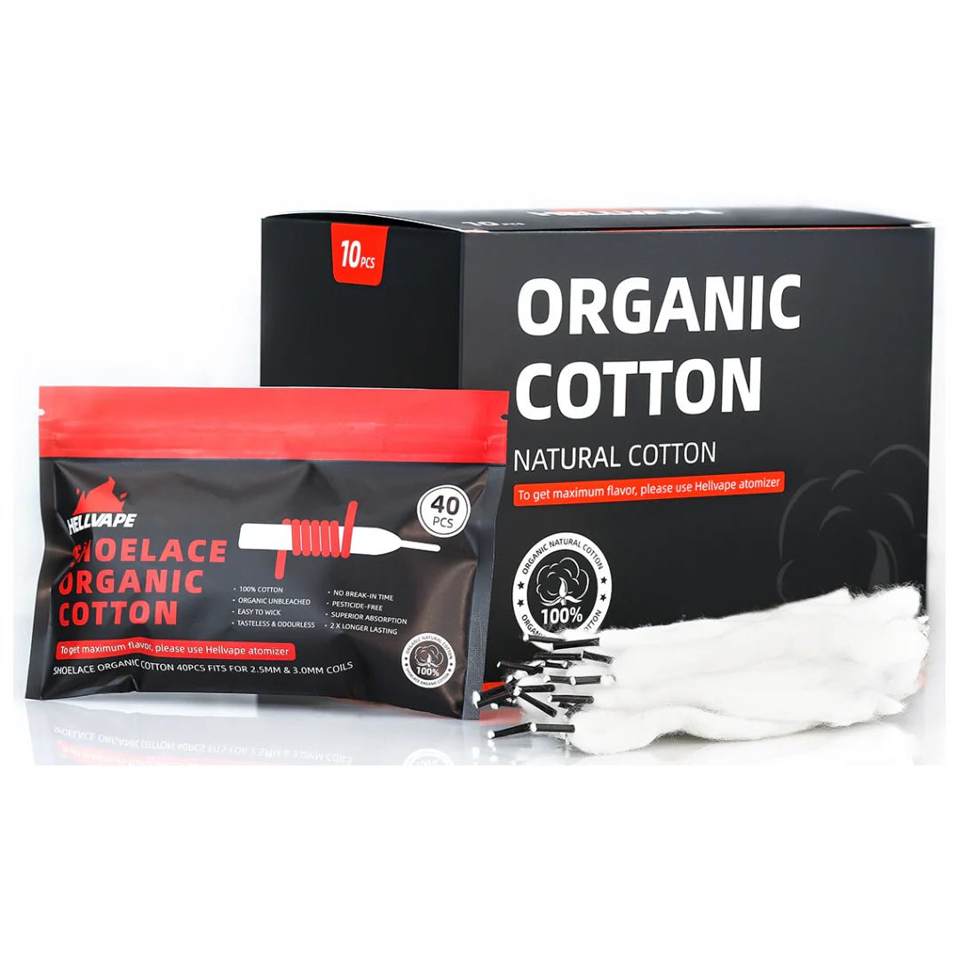 Hellvape Organic Shoelace Cotton for vaping, shows spools of high-quality cotton wick from Flavour World SA (PTY) LTD