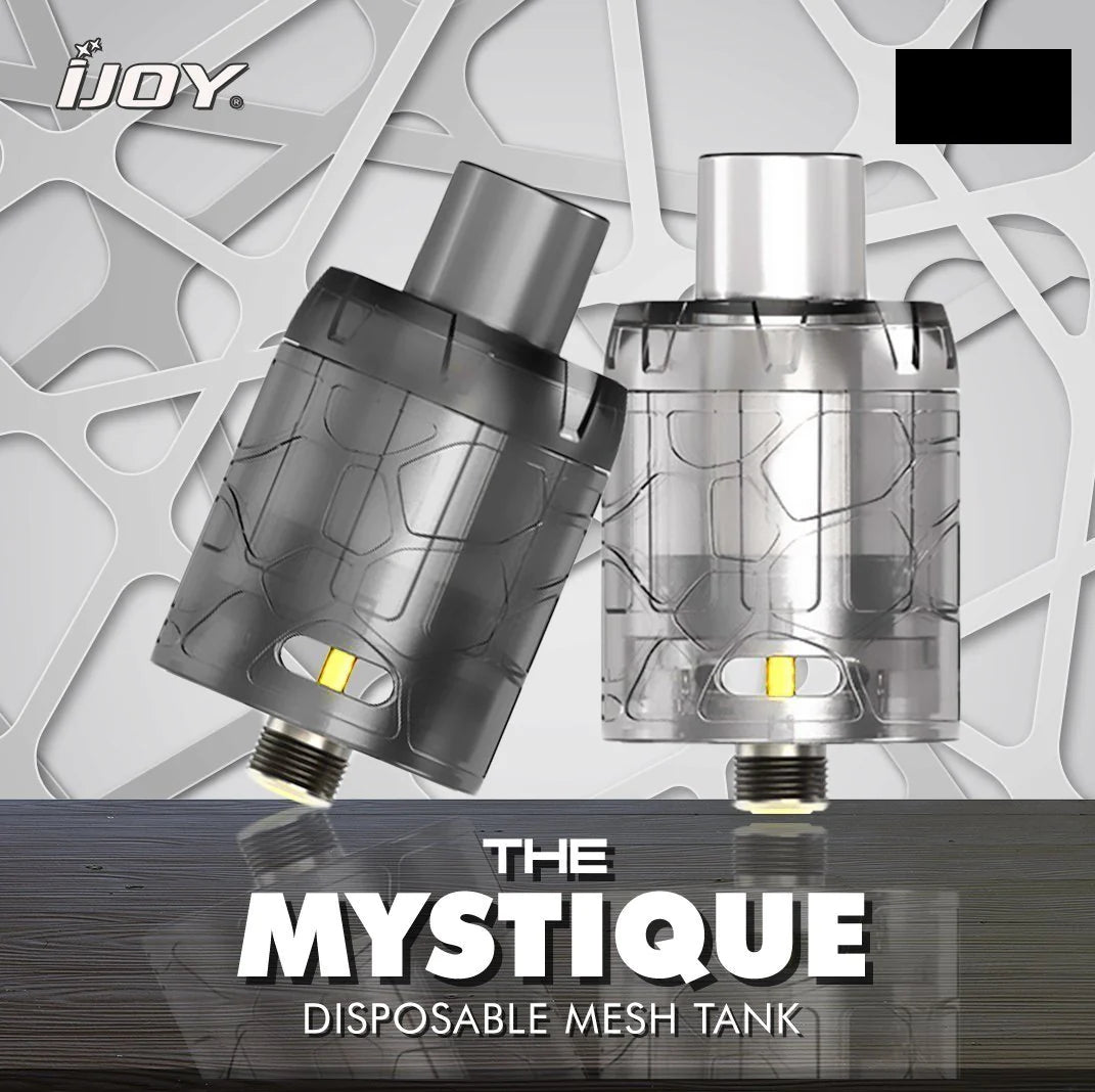 Black iJoy Mystique Mesh Disposable Tank for vaping, featuring a sleek design and mesh coil for enhanced flavor and vapor production.