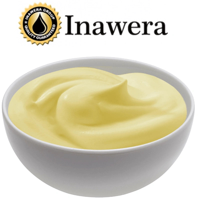 Inawera INW Custard flavor bottle with yellow cap, showing the Inawera brand label and product name on the packaging.