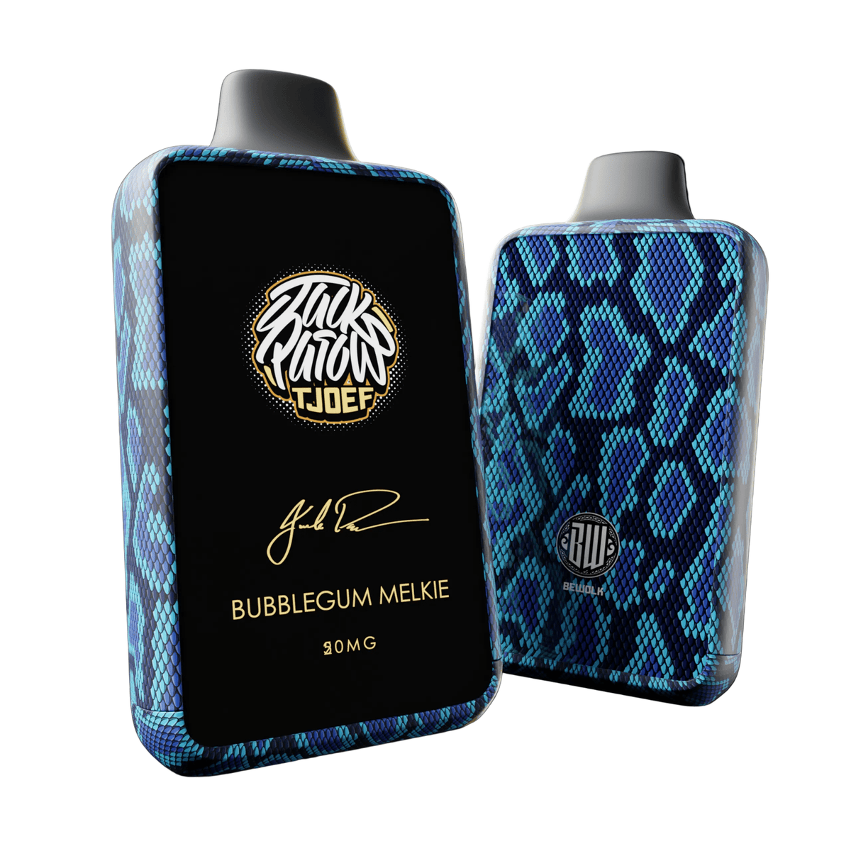 Jack Parow Tjoef 10k Bubblegum Melkie vape device, pink and black design with branding and colorful bubblegum graphics.
