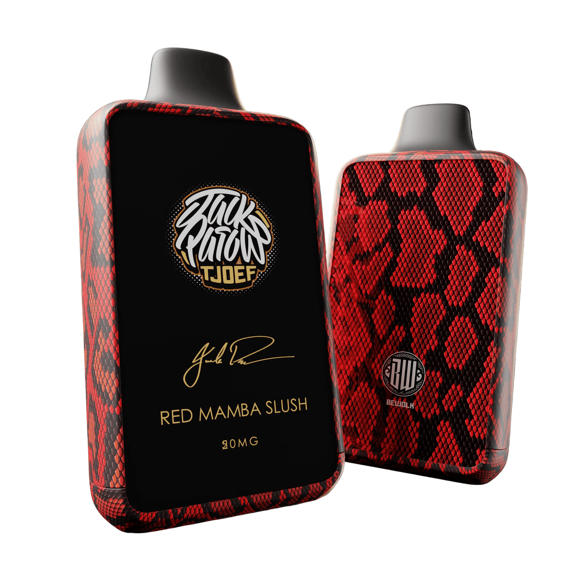 Jack Parow Tjoef Red Mamba Slush flavorful drink in a clear cup with red and white swirls, featuring the Jack Parow Tjoef branding.