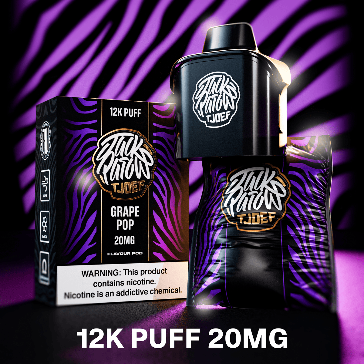 Jack Parow Tjoef Grape Pop Pod for Tjoef vape device, 12k puff capacity, close-up of the grape-flavored vape pod.