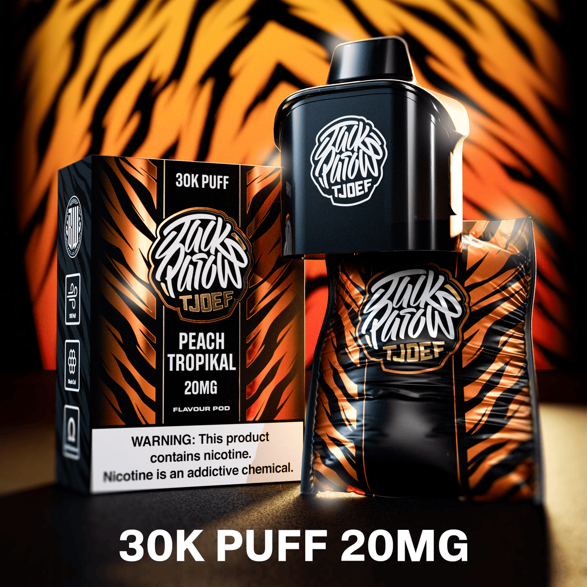 Jack Parow Tjoef Peach Tropikal Pod with 30k puffs, compatible with Jack Parow Tjoef vaping device, featuring vibrant peach and tropical flavors.