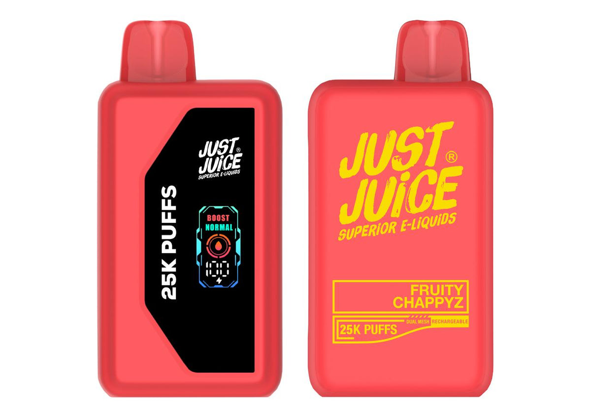 Just Juice Disposable 25k Puff Fruit Chappys 5% vape device with colorful fruit-themed design and compact shape.