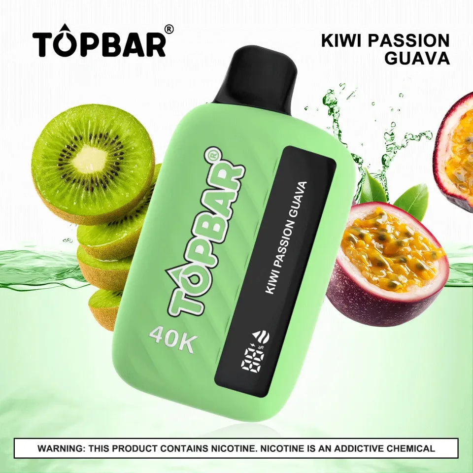 TOPBAR 40K Kiwi Passion Guava 5% energy drink can with vibrant label featuring kiwi, passion fruit, and guava illustrations.