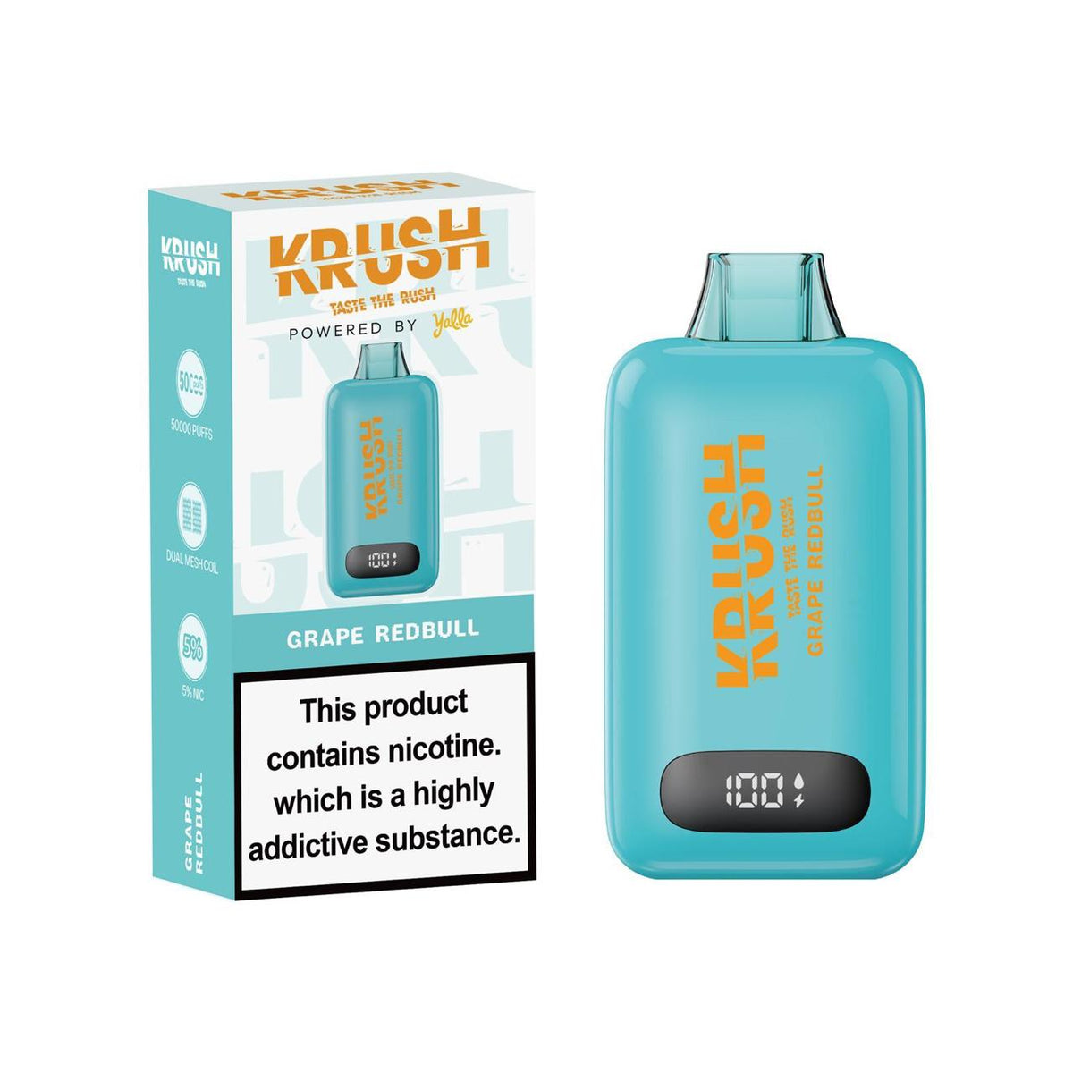 Krush 50k Puff 5% Grape Redbull disposable vape device with colorful grape and Redbull branding.