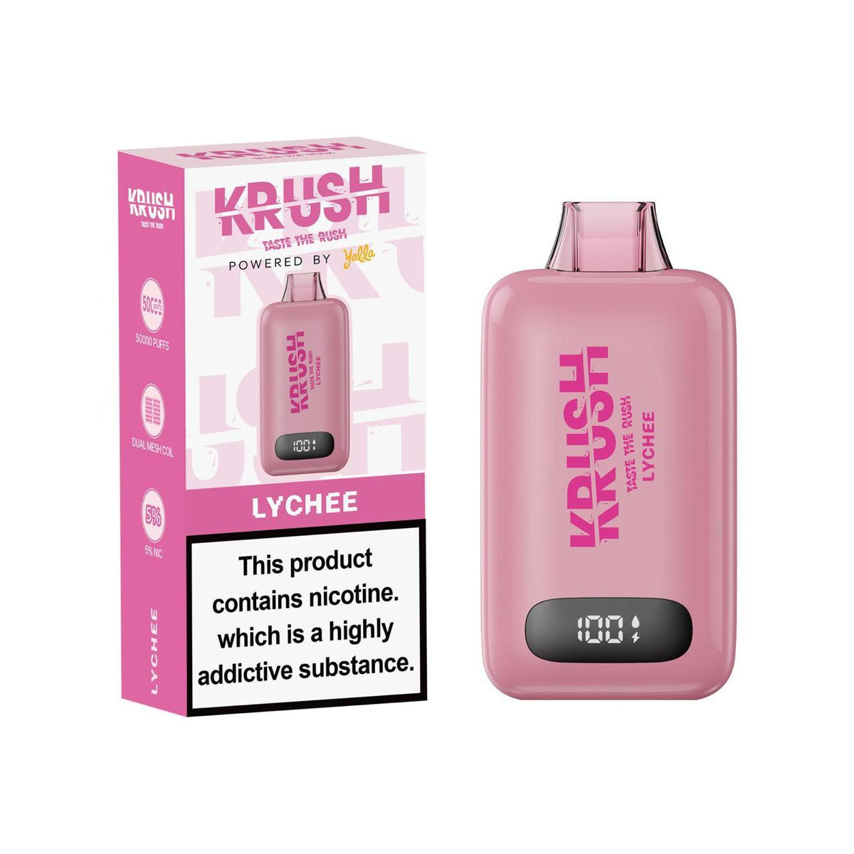 Krush 50k Puff 5% Lychee disposable vape with pink packaging and lychee flavor branding.