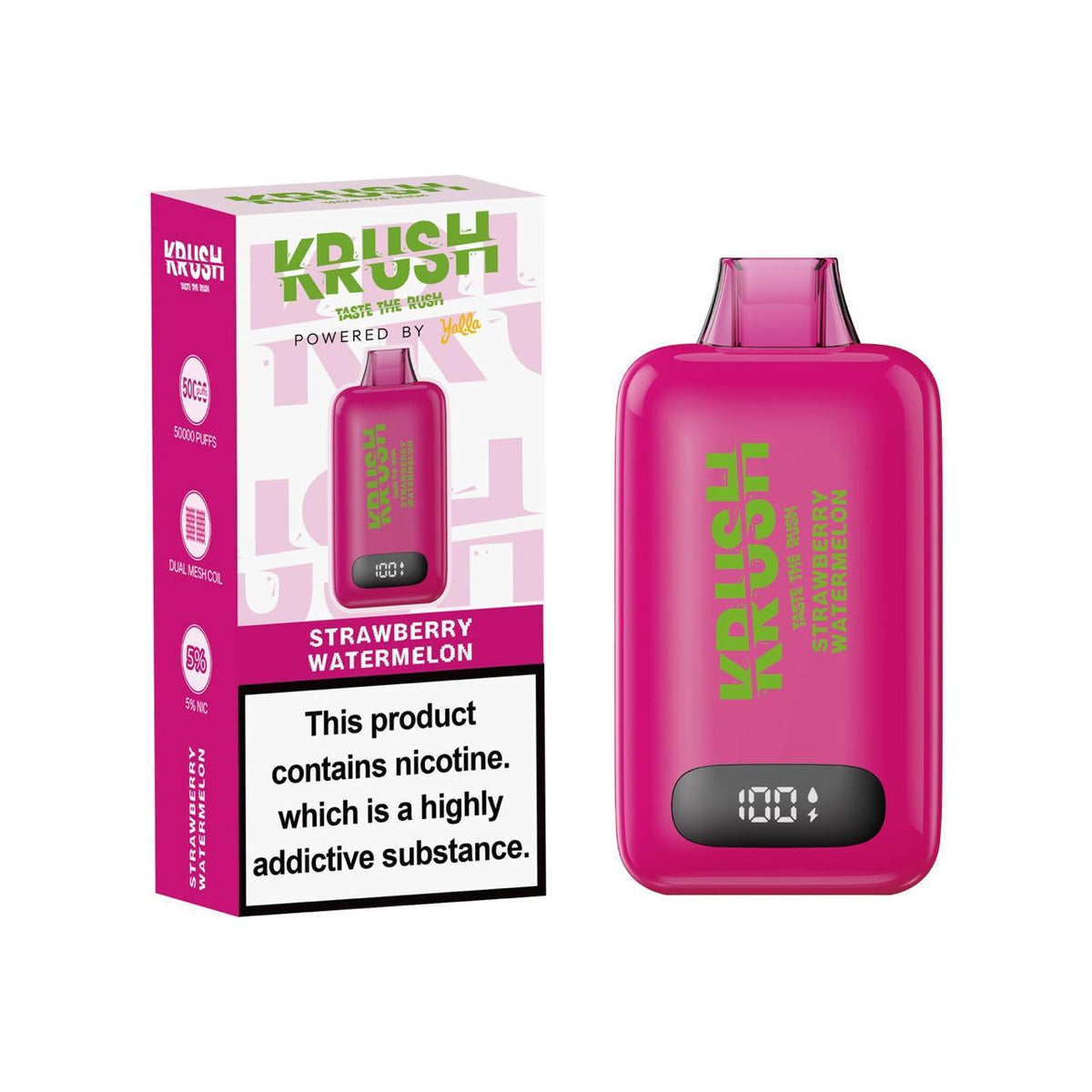 Krush 50k Puff 5% Strawberry Watermelon disposable vape, featuring fruity strawberry and watermelon flavor in a sleek device
