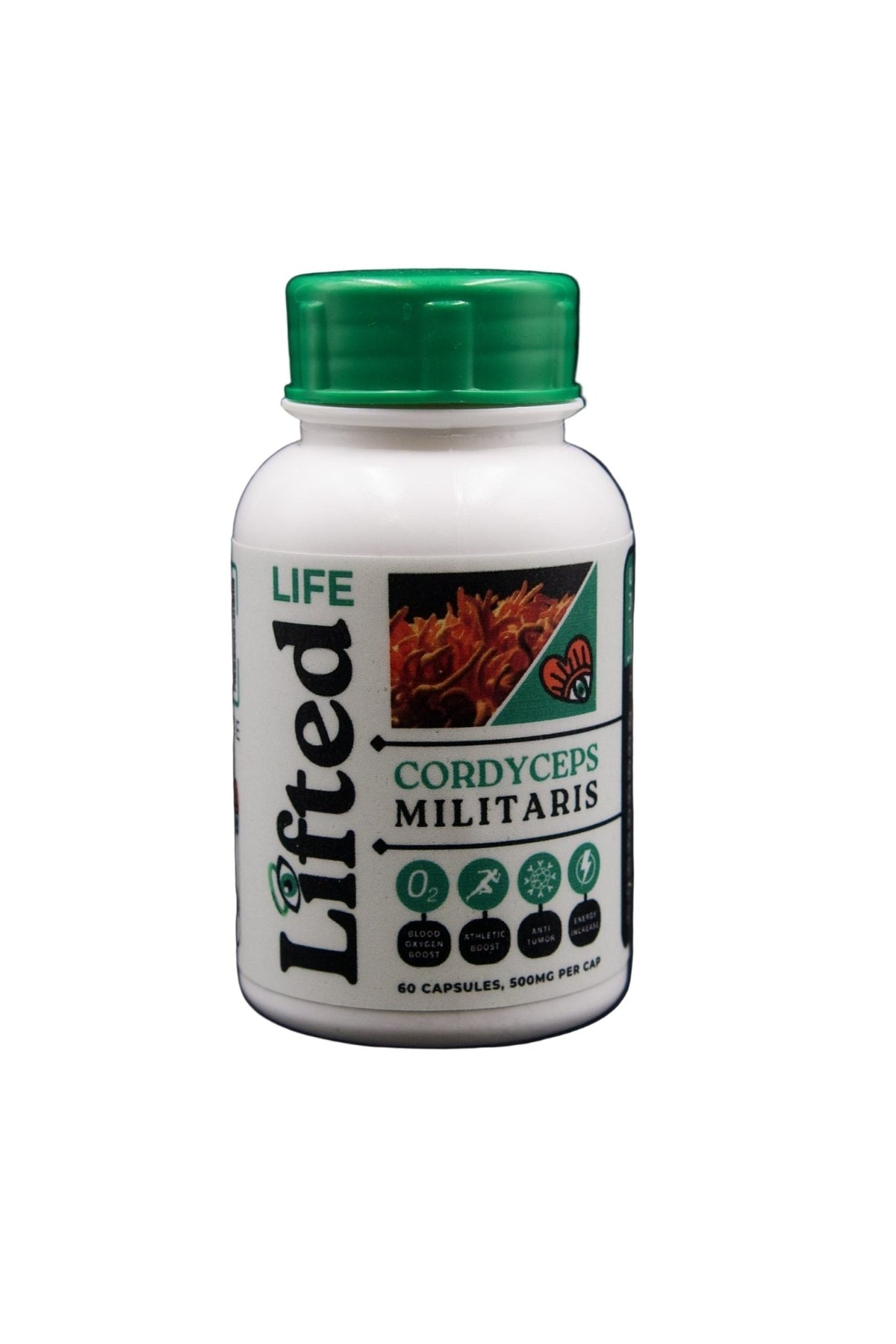 Lifted Clouds Cordyceps Militaris 500mg supplement bottle with 60 capsules, featuring a clear label and white cap.