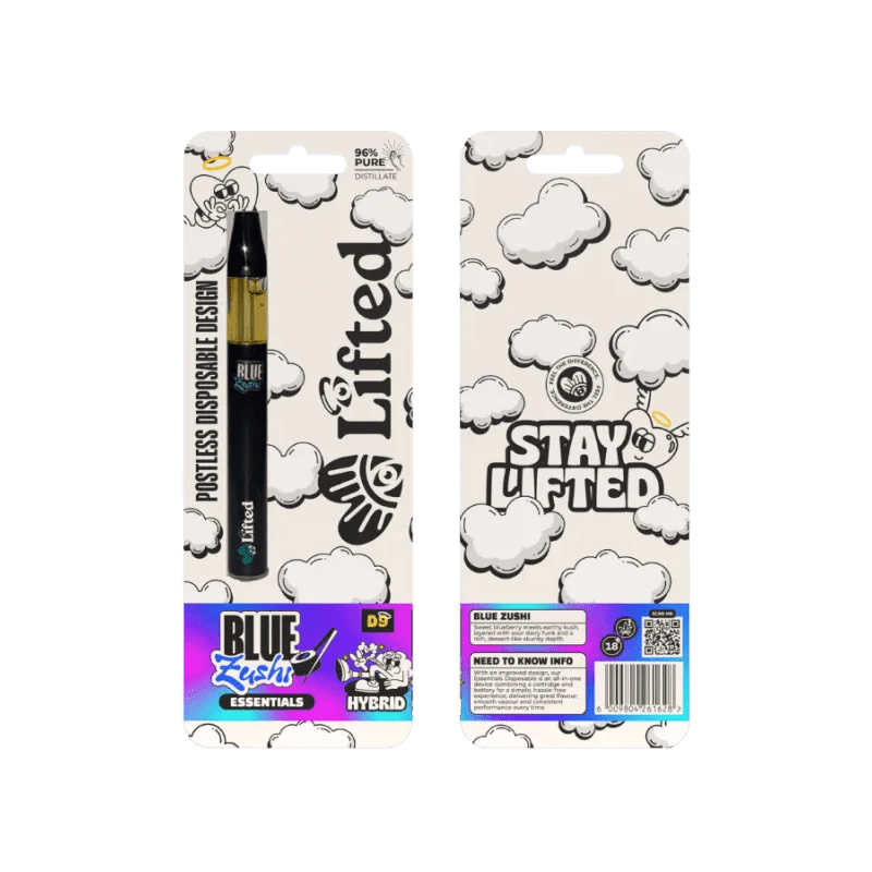 Lifted Clouds Delta 9 Blue Zushi 1ml vape cartridge with blue and white branding and transparent glass showing vape liquid inside.