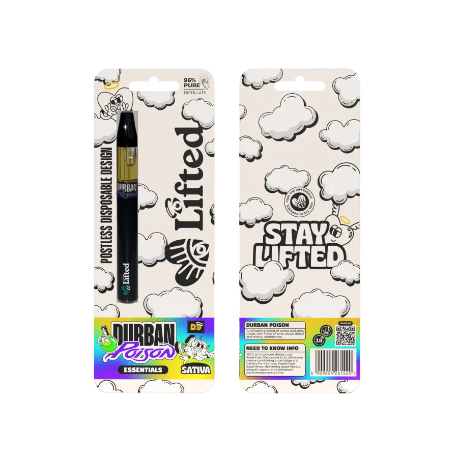Lifted Clouds Delta 9 Premium Durban Poison 1ml cannabis cartridge with vibrant packaging and clear labeling.