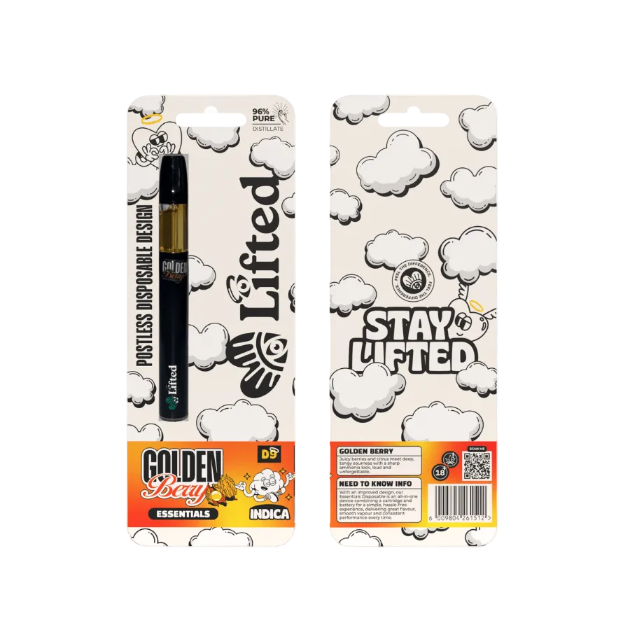Lifted Clouds Delta 9 Premium Golden Berry 1ml cannabis extract in a clear dropper bottle, featuring a golden berry flavor label.