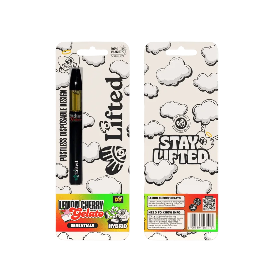 Lifted Clouds Delta 9 Lemon Cherry Gelato 1ml premium cannabis vape cartridge showing the product label and packaging.