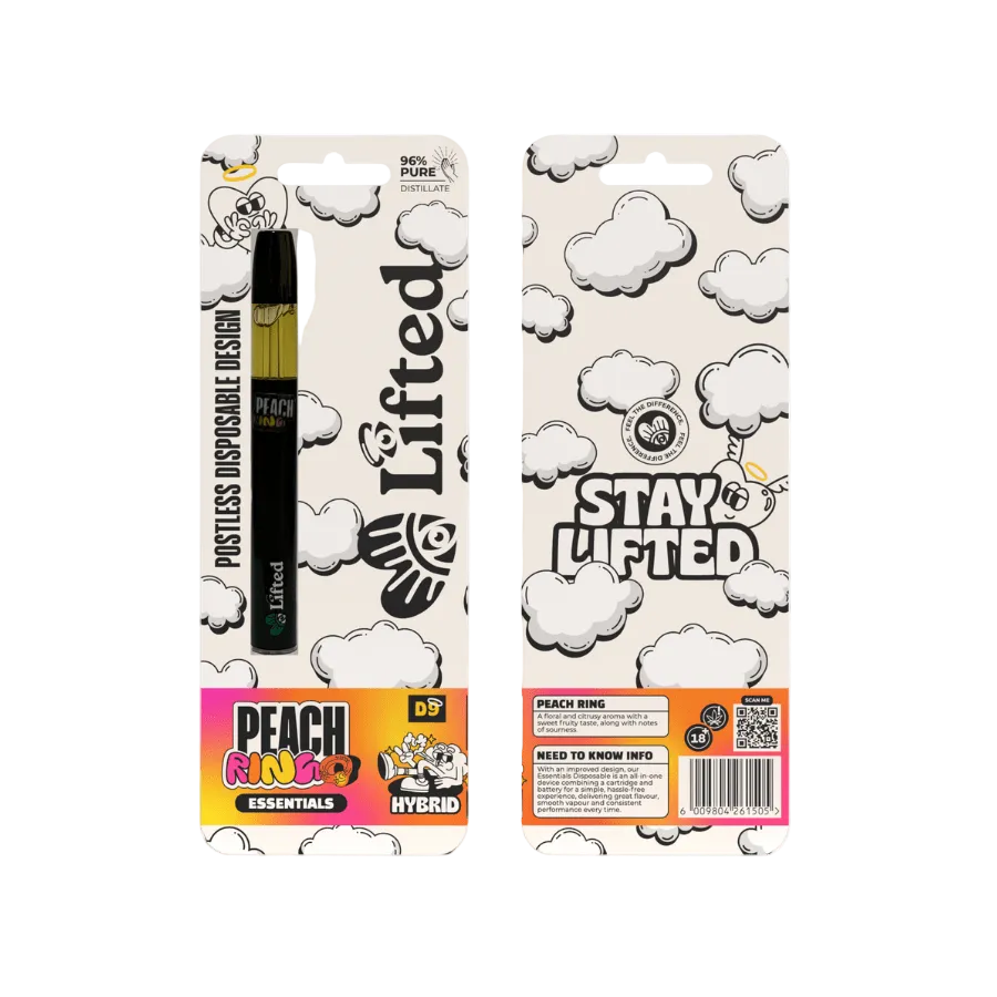 Lifted Clouds Delta 9 Premium Peach Ring 1ml vape cartridge with peach-flavored cannabis extract and colorful packaging.