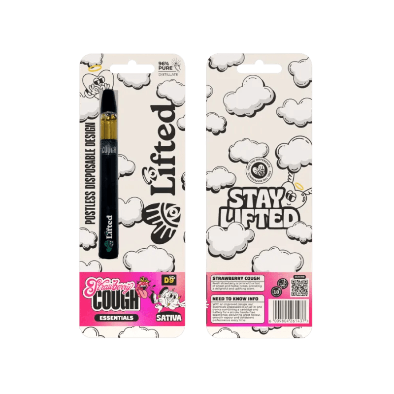 Lifted Clouds Delta 9 Premium Strawberry Cough 1ml vape cartridge with colorful packaging and clear glass container.