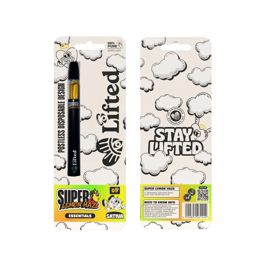 Lifted Clouds Delta 9 Premium Super Lemon Haze 1ml sativa cannabis cartridge with yellow and green packaging and product details.