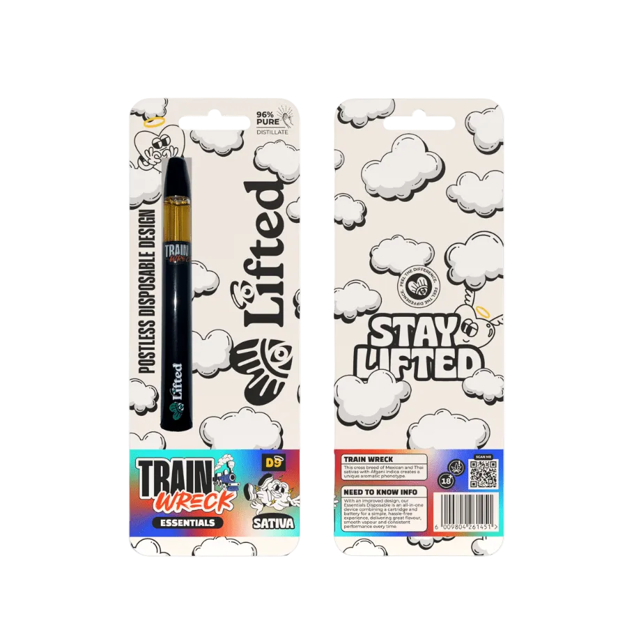 Lifted Clouds Delta 9 Train Wreck Premium 1ml cannabis vape cartridge with colorful label and transparent mouthpiece.