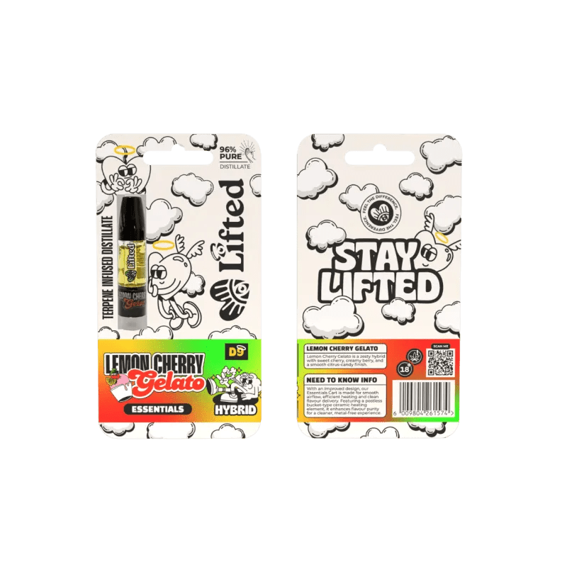 Lifted Clouds Lemon Cherry Gelato vape cartridge 1ml, featuring a sleek design and colorful branding.