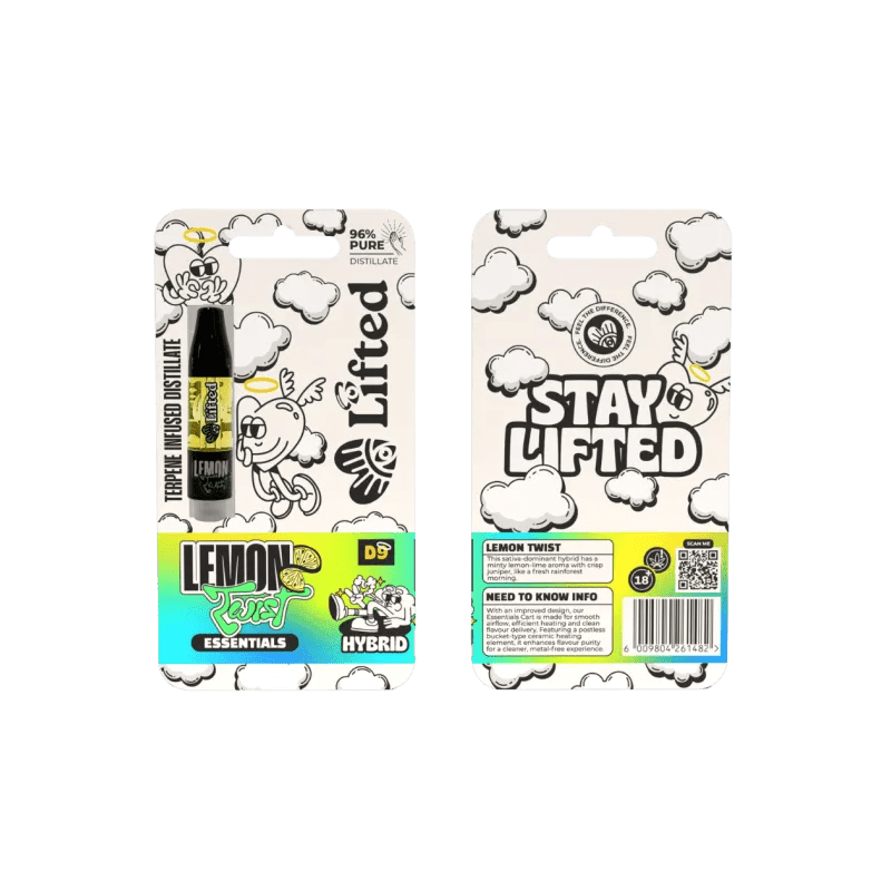 Lifted Clouds Lemon Twist Vape Cart with 1ml e-liquid, featuring a sleek design and fresh lemon flavor for vaping.