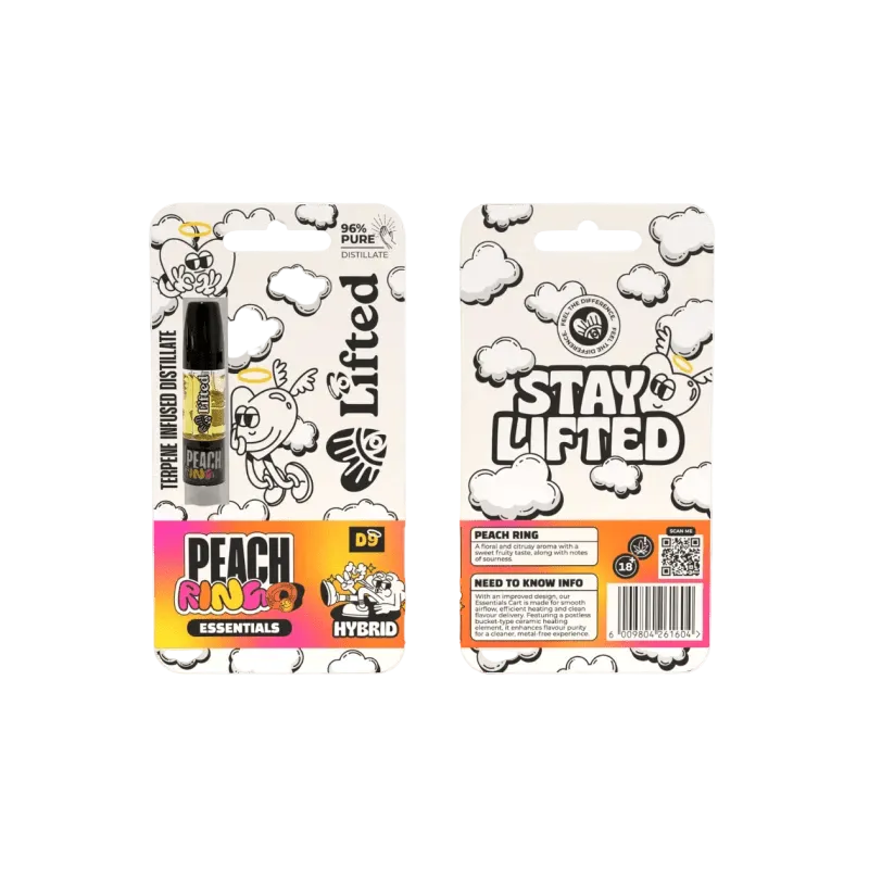 Lifted Clouds Peach Ring Vape Cart 1ml, featuring a sleek design and colorful branding for flavorful vaping experience.