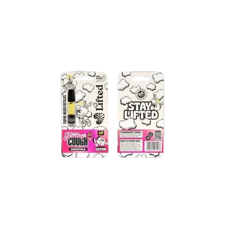 Lifted Clouds Strawberry Cough vape cart 1ml with a clear glass cartridge and colorful branding, designed for vaping cannabis oil.