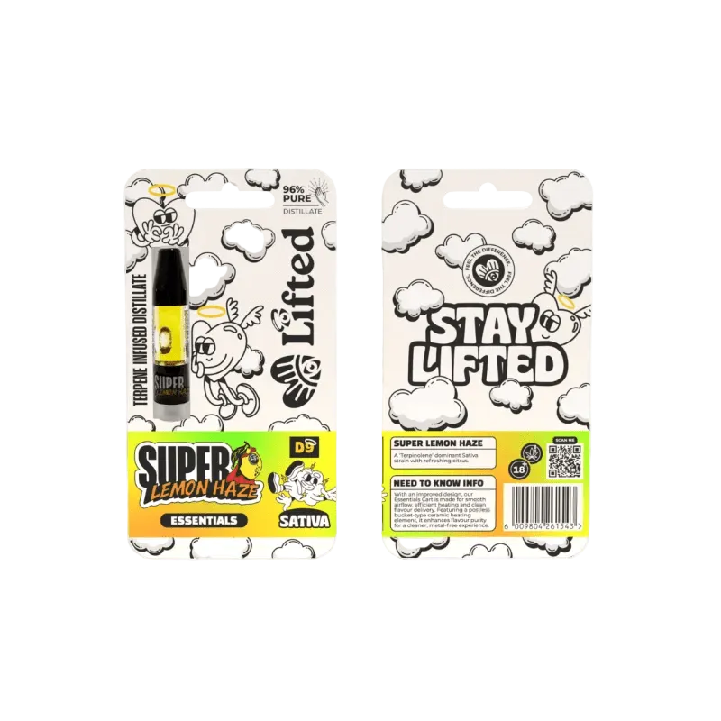 Lifted Clouds Super Lemon Haze Sativa vape cart with 1ml of cannabis oil, featuring a clear cartridge and green mouthpiece.