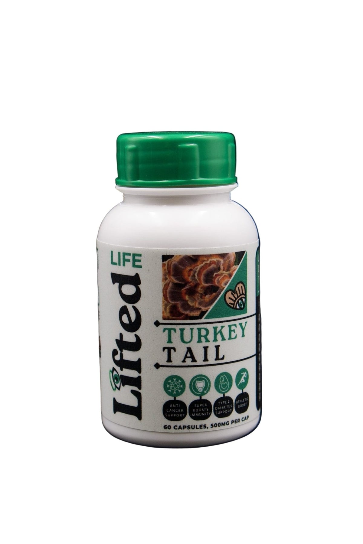 Lifted Clouds Turkey Tail 500mg supplement bottles, showing labels with product name and dosage on a clean white background.