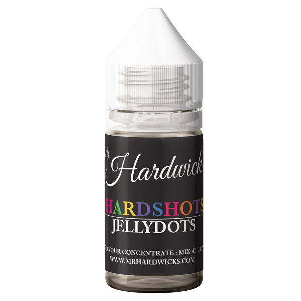 Colorful Mr Hardwicks Hard Shot Jelly Dots in a clear container, showcasing vibrant, chewy candy pieces from Flavour World SA.