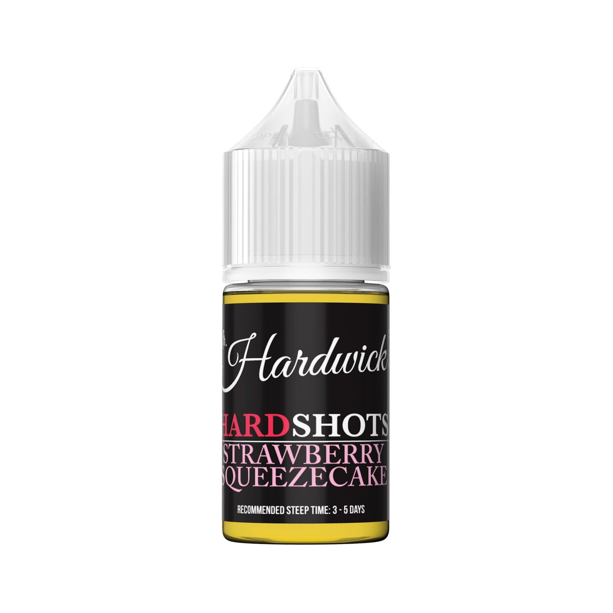 Mr Hardwicks Hard Shot Strawberry Squeezecake flavor in a small bottle from Flavour World SA, with vibrant strawberry and cheesecake graphics.