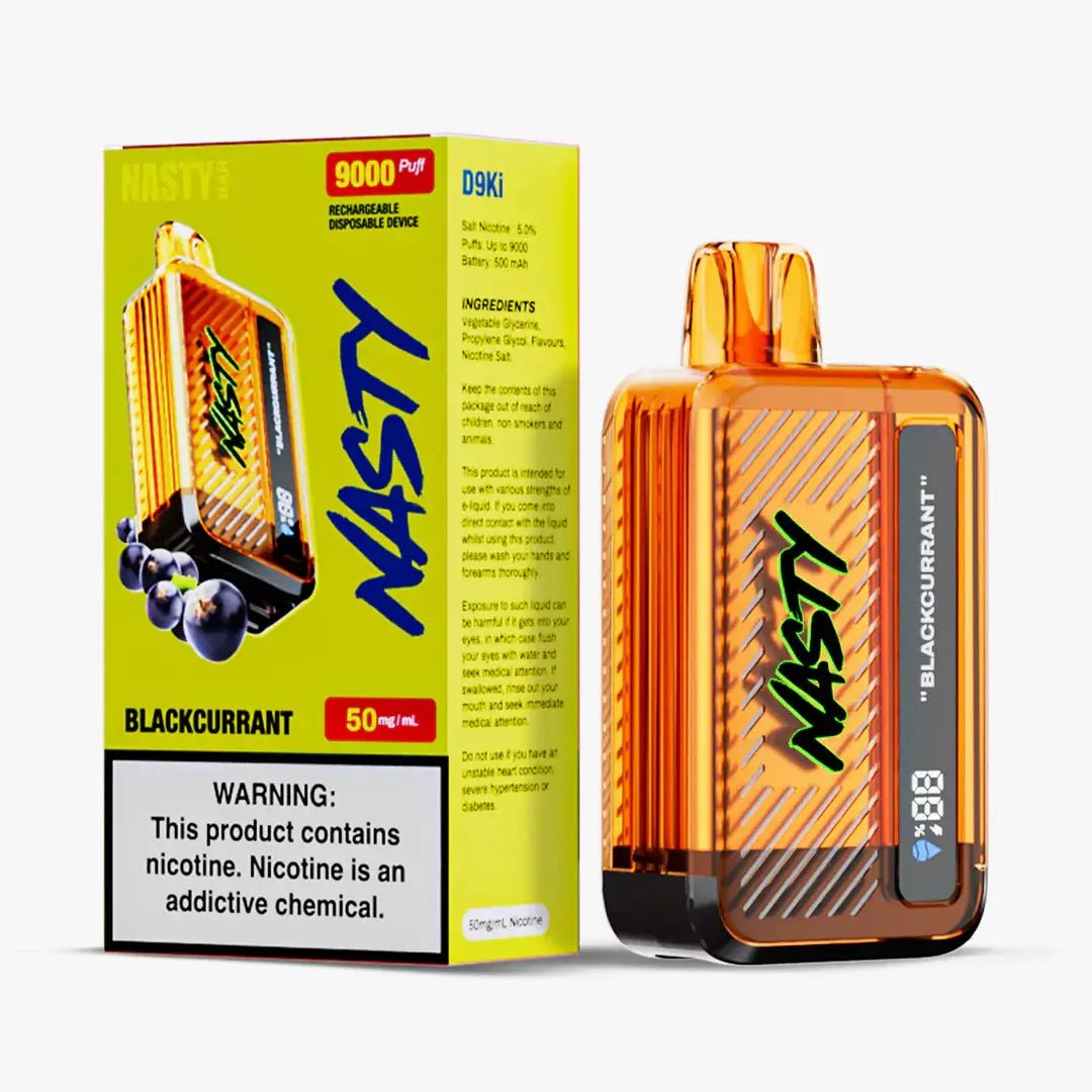 Nasty 9000 Puff Blackcurrant 5% disposable vape device with black and purple design and visible branding.